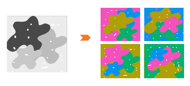 色彩的面积对比练习 具体步骤： （1）选取或者自制一幅15x15cm左右的黑白图稿（注意各个形象或色