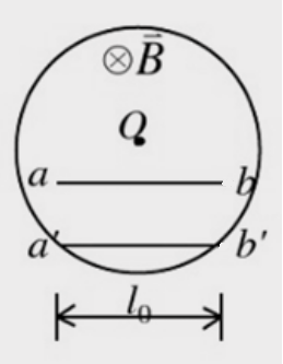 在圆柱形空间内有一磁感应强度为B的均匀磁场，如图所示。B的大小以速率dB/dt变化。有一长度为l0的