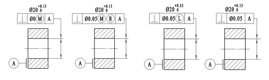 下图中四种标注方法，分析说明它们所表示的要求有何不同（包括采用的公差原则、理想边界名称及边界尺寸、允