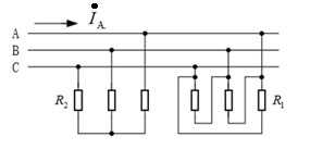 在线电压为 380v 的三相电源上，接两组电阻性对称负载，如图所示。已知r1=38w，r2=22w，