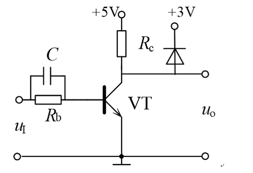 在数字电路中，稳态时三极管一般工作在 状态。在下图中，若，则晶体管 ，此时= ；欲使晶体管处于饱和状