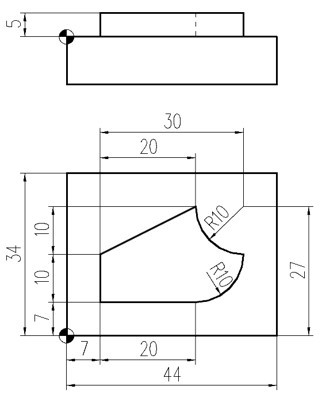 编写如下图所示高度为5mm的凸台外轮廓精加工程序，毛坯为44mm×34mm×15mm方料，要求：（1