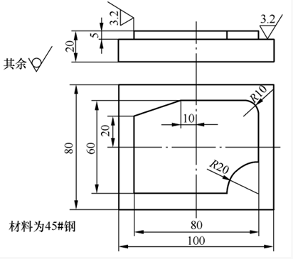 用数控铣床加工如下图所示零件，毛坯的100*80mm，厚度为20mm。要求： （1）制作工艺卡片，对