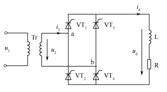 如图所示单相桥式全控整流电路，u2=110 v，负载电阻r=3ω，电感值极大，当控制角α＝30°时，