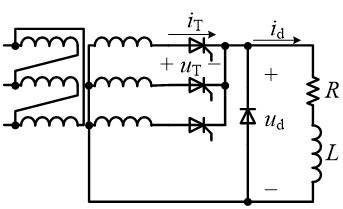 如图所示的带反向恢复二极管的三相半波可控整流电路中，电感l的值极大，不考虑变压器漏感，触发角α=60