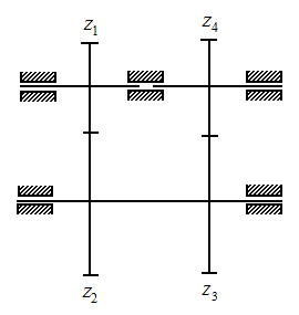 在图示回归轮系中，已知直齿圆柱齿轮，z1=13，z2=34，z3=30，z4=20，m=2mm，α=