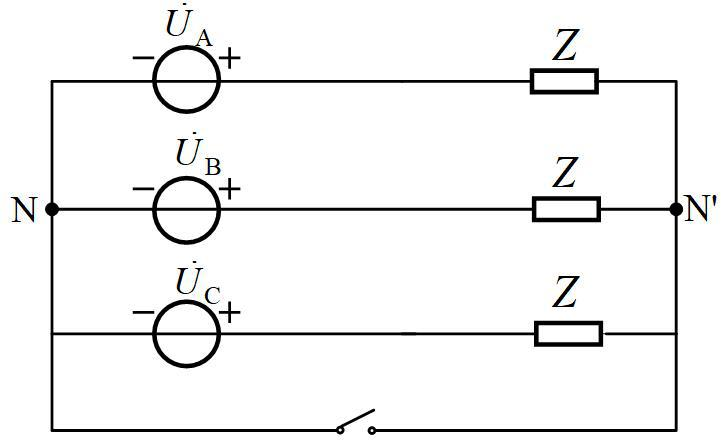图示三相四线制对称三相电路中，电源线电压为380V，每相负载阻抗为Z=(3+j4) Ω。当中性线突然