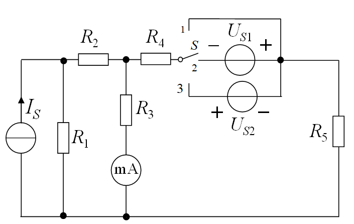 4-8 图所示电路中us1=10v，us2=15v，当开关s在位置1时，毫安表的读数为i′=40ma