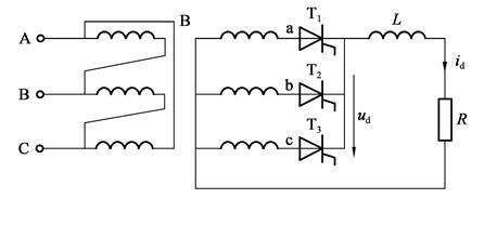 如图所示的三相半波整流电路中，阻感负载，相电压u2=220v、触发角α＝60°，电感l的值极大，变压