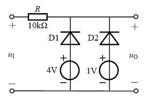 电路如图所示，D1，D2均为理想二极管，当输入信号ui= 7sinωtV 时，输出电压uo的最大值为