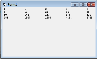 用数组计算fibonacci数列的前20个数，并按每行打印5个数的格式在窗体上输出。程序运行结果如下