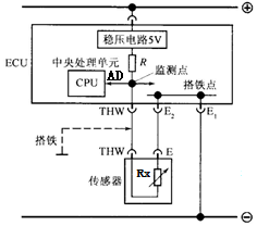 某发动机冷却液温度传感器电气连接原理图如下图。已知稳压后的供电电压为v=5v，搭铁点电压为0v，r=