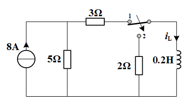 如图所示电路中，换路前电路已处于稳态，t = 0时开关从1端打到2端，此时电感电流 = ______