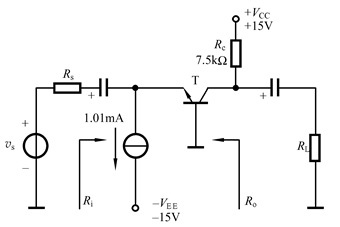 共基极电路如图所示。设b＝100，Rs＝0，RL＝￥，则电路的电压增益约为_______，输入电阻约
