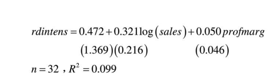变量rdintens是研发支出（rd）占销售额的百分比。销售额以百万美元度量。变量profmarg是