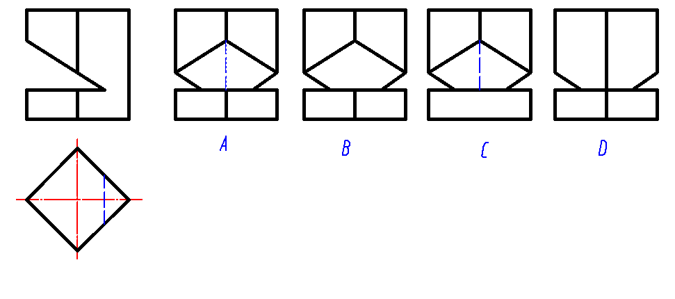 已知正四棱柱截切后的主、俯视图，画法正确的左视图是（）。  