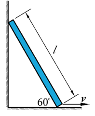 均质杆长为l, 质量为m,一端靠在墙上,另一端以速度v沿地面运动,在图示瞬时,杆的动能为______