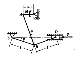 图示机构中，作用有力偶矩为M的力偶和水平力P。机构尺寸如图示。试求机构在图示位置平衡时，M与P的关系