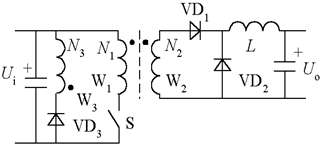 单端正激式直流变换电路如下图所示，其中输入端电压Ui为100V，变压器绕组匝数N1=N3=100，N