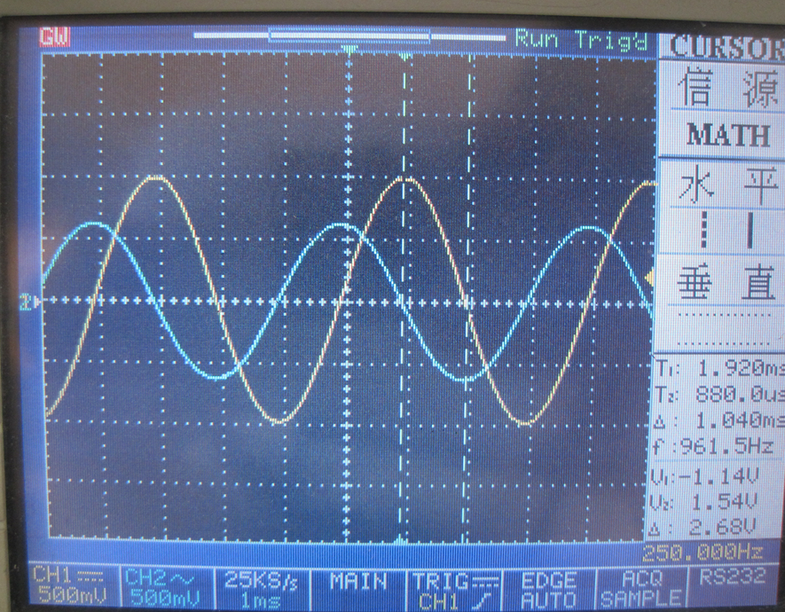 下图为示波器观测出的某集成运算放大器构成的运算电路的输入输出波形，其中CH1为输入信号，CH2为输出