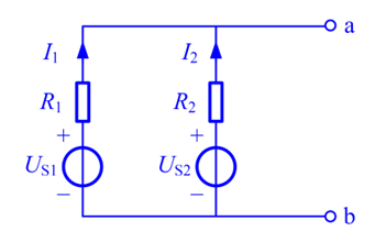 电路如图所示，已知US1 = 15V，US2 = 9V，R1 = 6Ω，R2 = 3Ω。a、b两端的