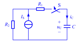 电路如图所示，已知R1 = 3？，R2 = 2？，C = 400μF，IS = 3A。换路前电路已稳