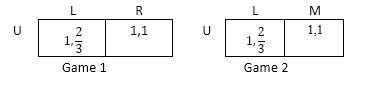 player 1 chooses either u or d; player 2 simultane