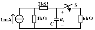 【填空题】图示电路在换路前处于稳定状态，在t=0瞬间将开关s闭合，当t = ∞时，电容两端电压【填空