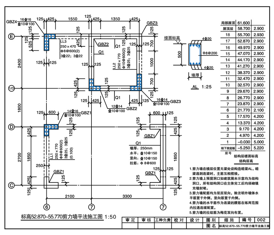 识读剪力墙平法施工图，回答下列问题。 1、剪力墙身q1的竖向分布筋排数是（）排，置于（）侧。 2、剪