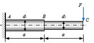 【单选题】圆形截面的阶梯形悬臂梁中，BC段和AB段的横截面直径大小为，且有．若在C端所施加的力F是由