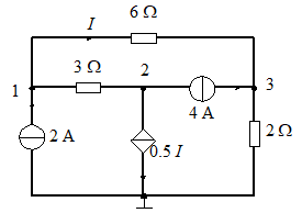 图示电路，节点2的KCL方程为[ ]+0.5I+4=0,其中的缺项为()。(U1，U2，U3分别为节