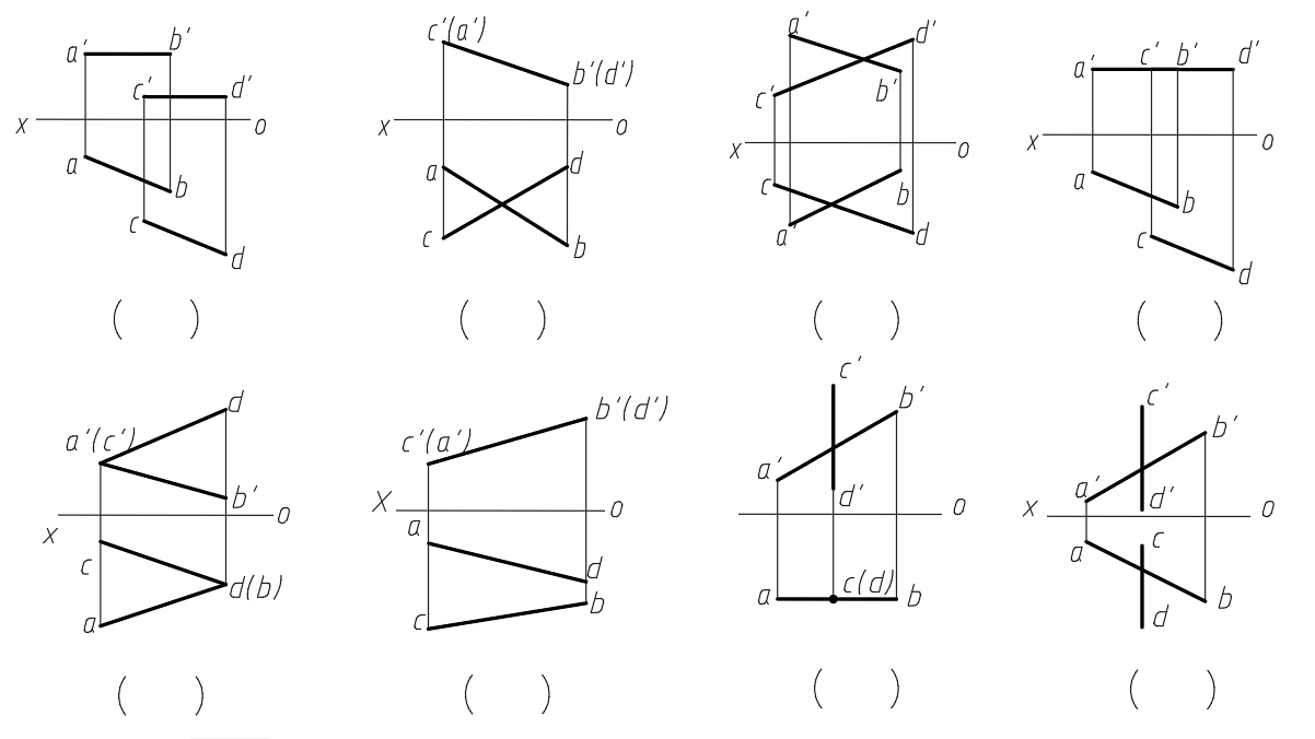 【填空题】判别下面八组图中两直线的相对位置并填空（平行、相交或交叉）（注意：1、回答问题不要答“直线
