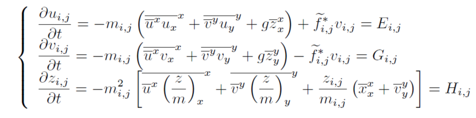 【判断题】使用二次平流守恒格式构造的考虑地图投影的正压原始方程模式的有限差分格式可以表示为以下方程组