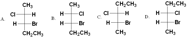 【单选题】(2R,3R）-3-溴-2-氯-戊烷的Fischer投影式是（） 