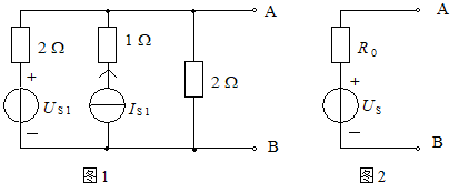 【单选题】有源线性二端网络如图1所示，已知US1=2V，IS1=1A。该网络的等效电压源如图2所示，