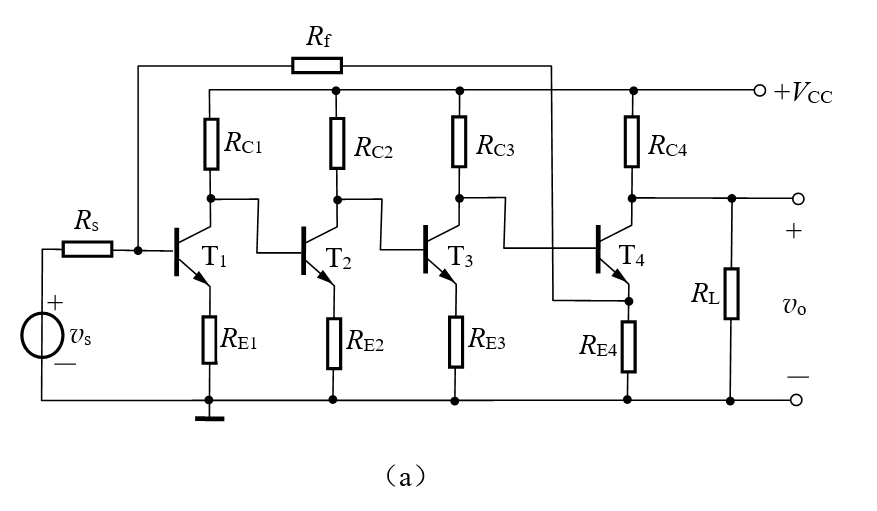 【填空题】深度负反馈放大电路如下图（a）所示，图中re4=1kω，下图（b）为其基本放大电路电流增益