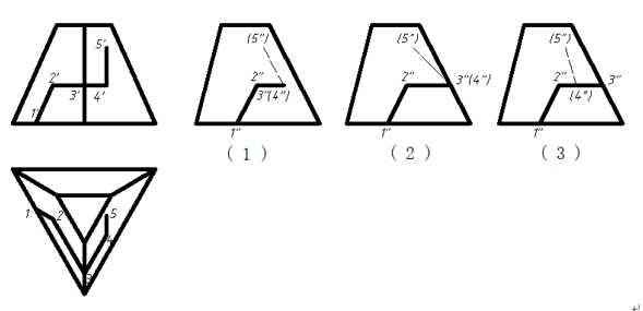 【单选题】三棱台表面上折线ABCD的侧面投影，正确的是（）。 