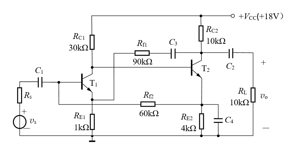 【填空题】反馈放大电路如下图所示，电路参数如图中所示。可判断电路中引入的级间反馈有（）和（）；若满足