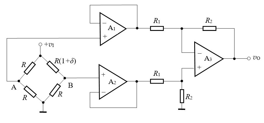 【填空题】一高输入电阻的桥式放大电路如下图所示，图中，若设各集成运放是理想的，试写出vO=f(δ)的