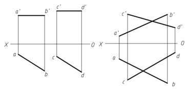 【填空题】判断图中两直线的相对位置关系（平行、相交、交叉）。  _______ _______ __
