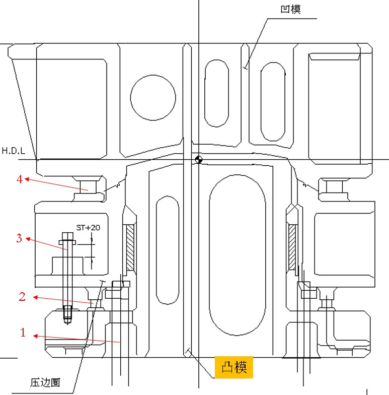 【单选题】86.见下面拉延模图，序号2所指零件为（），序号3所指零件为（），序号4所指零件为（）。 