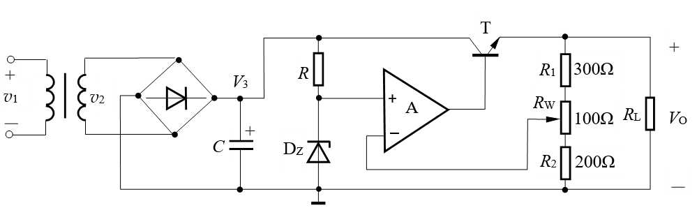 【填空题】直流稳压电源如下图所示，已知稳压管dz的稳定电压vz=6v，由图可算得输出电压vo的可调范