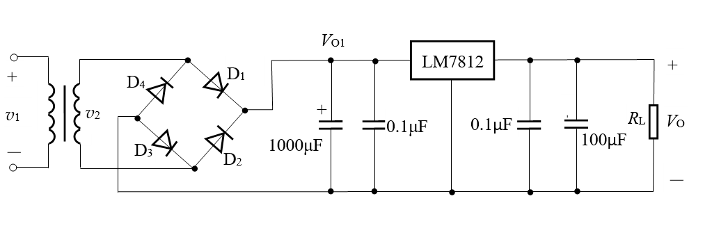 【填空题】直流稳压电源如下图所示，若变压器二次侧电压的有效值v2=15v，三端集成稳压器为 lm78