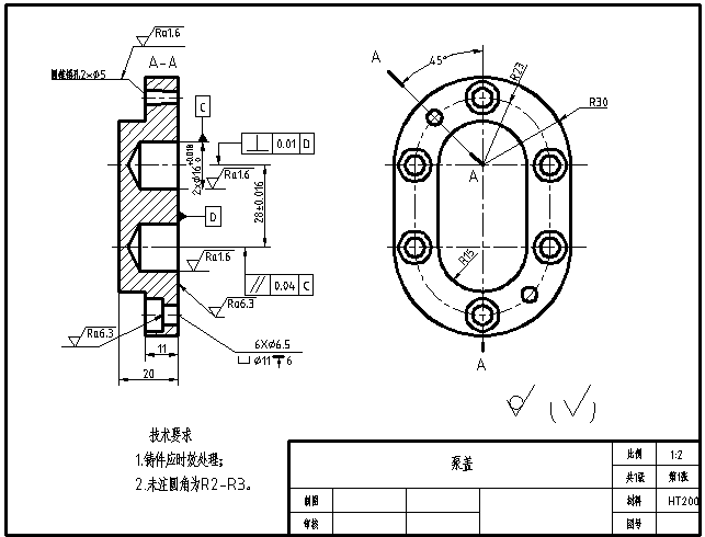 1、零件图中共有 个图形，他们分别是 。该零件属于 零件。 2、该零件的名称是 ，材料是 ，采用 比