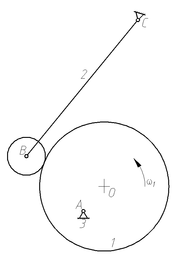 一摆动滚子从动件盘形凸轮机构，已知圆盘半径r，圆心与转轴中心的距离loa=r/2，滚子半径rr。试求