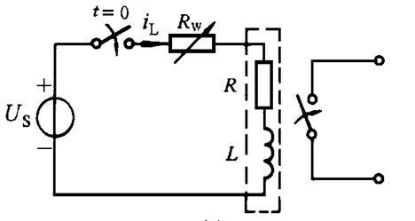 如图为一继电器延时电路模型。继电器参数：R=100W，L=4H，当线圈电流达到6mA时，继电器动作，