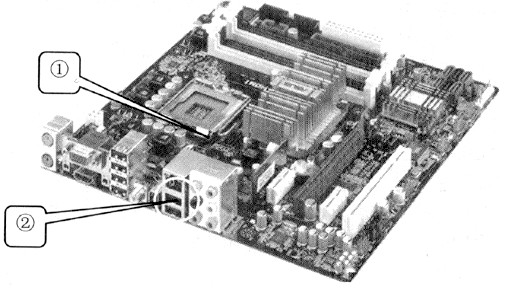 下图所示的微机主板的①处是（23)插槽，②处是（24)接口。A．CPUB．PCIC．RAMD．IDE