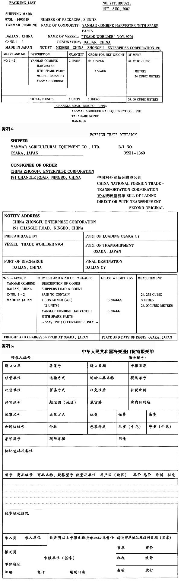资料1： 中国中福实业总公司代码：3103915009；收货单位同经营单位；特定商品进口登记证明： 