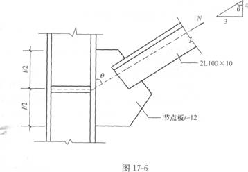 角鋼與節點板採用兩側角焊縫連接,角鋼肢背焊縫hf=1omm,肢尖焊縫hf=