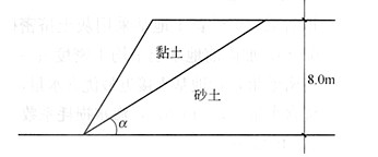 由两部分组成的土坡断面如右图所示，假设破裂面为直线进行稳定性计算，已知坡高为8m，边坡斜率为1:1，